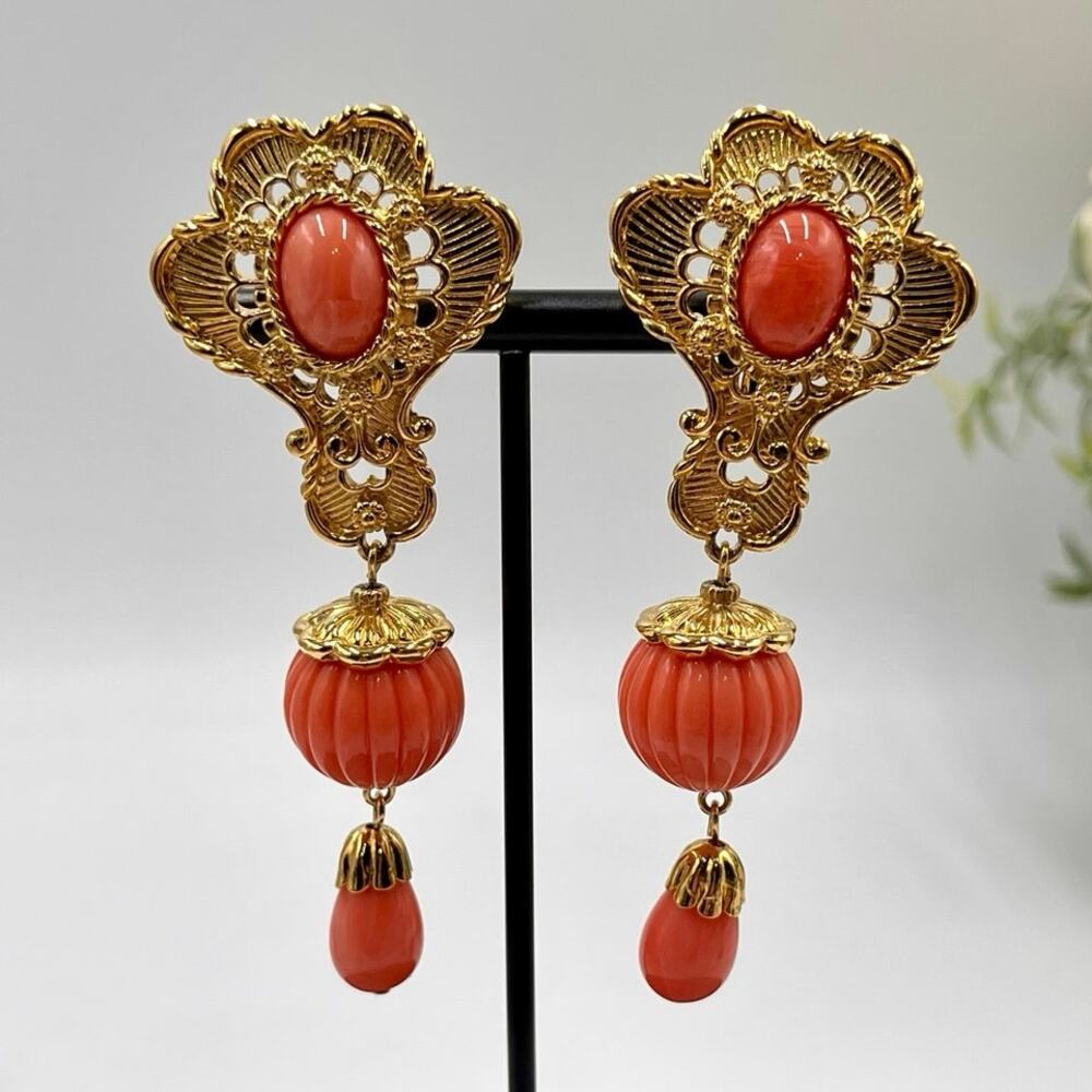 Jose Maria Barrera‎ Signed Angelskin Coral Etruscan Revival Clip On Earrings